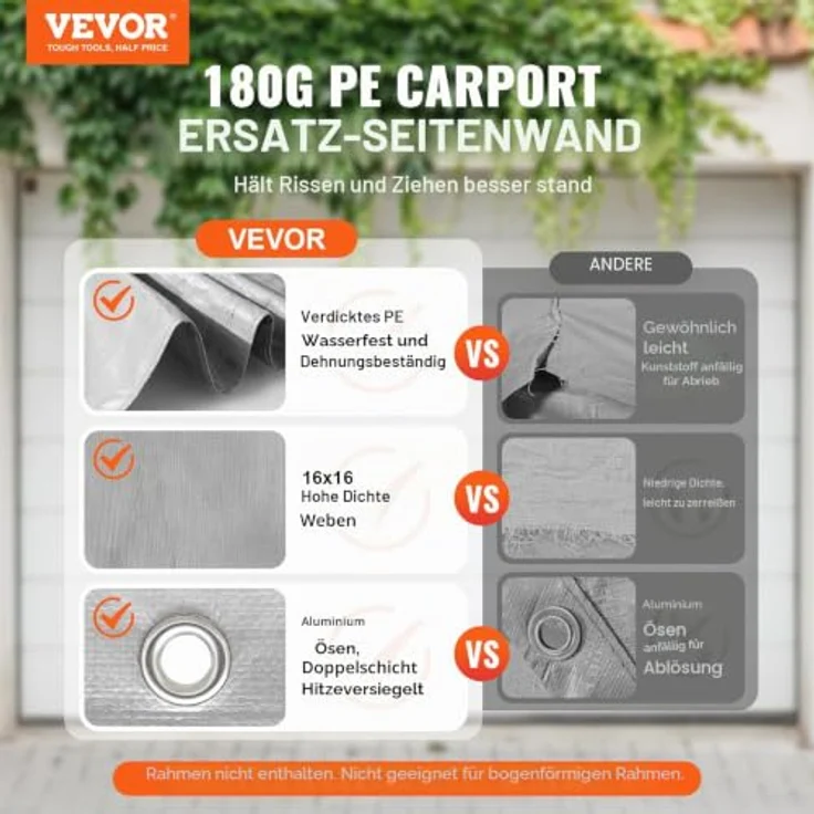 VEVOR Carport-Garagenzelt Seitenwand 610 x 364 cm, strapazierfähig, wasserdicht und UV-geschützt, grau – Bild 2