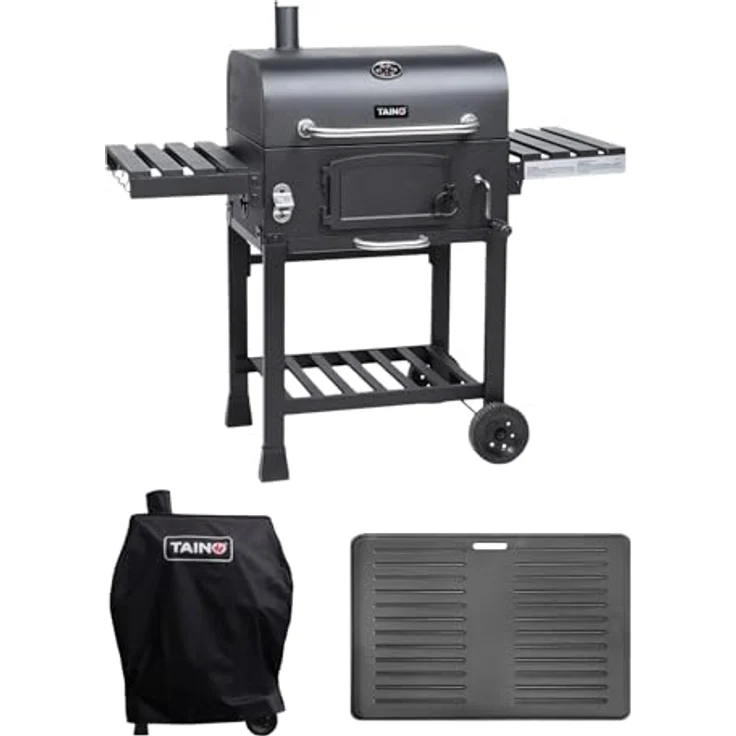 TAINO HERO XL, Holzkohlegrill Set mit Abdeckhaube, Grillplatte und Smoker-Funktion, 113,5 x 124 x 66 cm, höhenverstellbare Holzkohle-Wanne, integriertes Thermometer, klappbare Seitentische – Bild 1