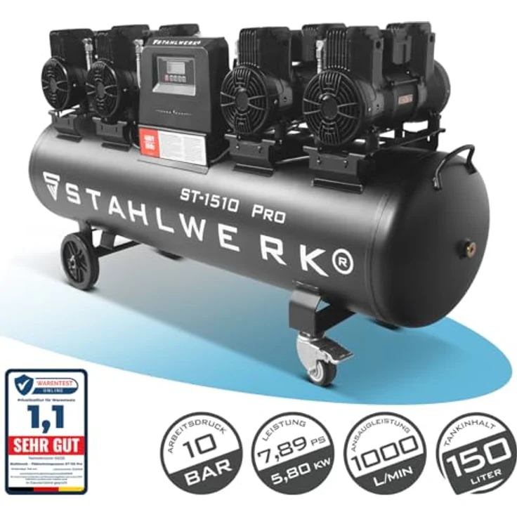 STAHLWERK ST-1510 Pro, Druckluftkompressor mit 10 bar, 150 L Kesselvolumen, 7,89 PS, 1000 l/min, ölfrei, leise mit 72 dB – Bild 2