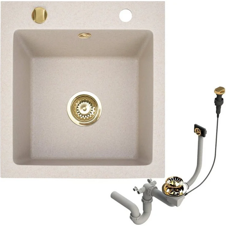 Faizee Möbel Granitspüle 48x50cm, eckig, Gold Siphon, Beige, Hitzebeständig bis 280°C – Bild 1