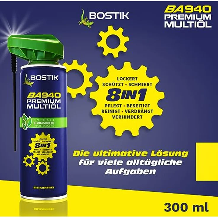 Bostik Multifunktionsspray BA940 Premium Multiöl 8in1, Biobasierte Inhaltsstoffe, Transparentes Öl, Sprühen aus jeder Position, Cobrakopf für Punktgenaues und Flächige Sprühen, 300 ml – Bild 2