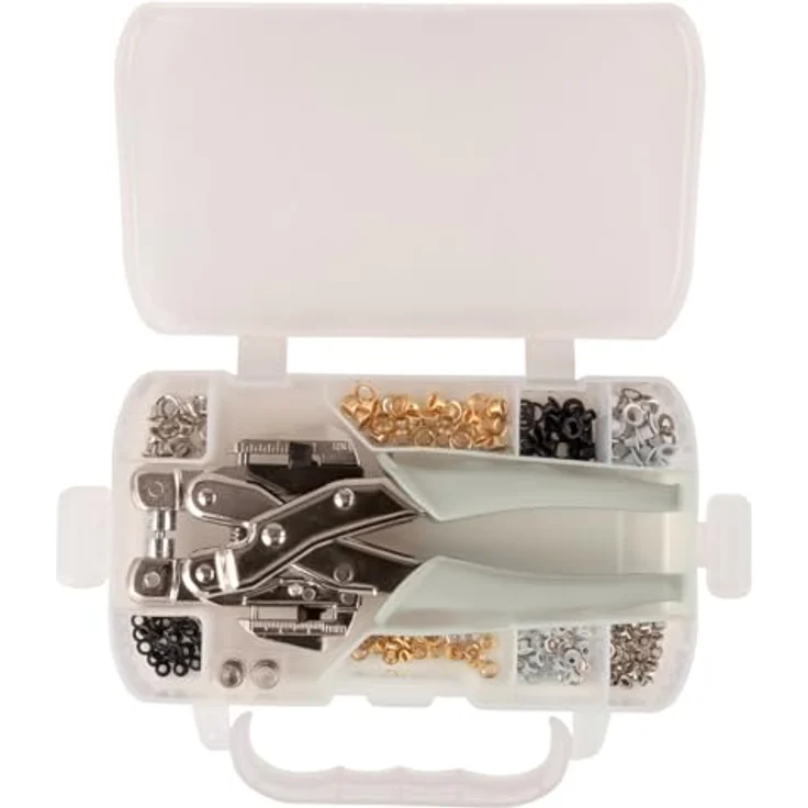 Rayher Loch- und Ösenzange, Universalwerkzeug im Plastikkoffer, inkl. 160 Ösen (3 mm und 5 mm ø) in 4 Farben, präzise Stanze für Papier, Leder und Stoff – Bild 3