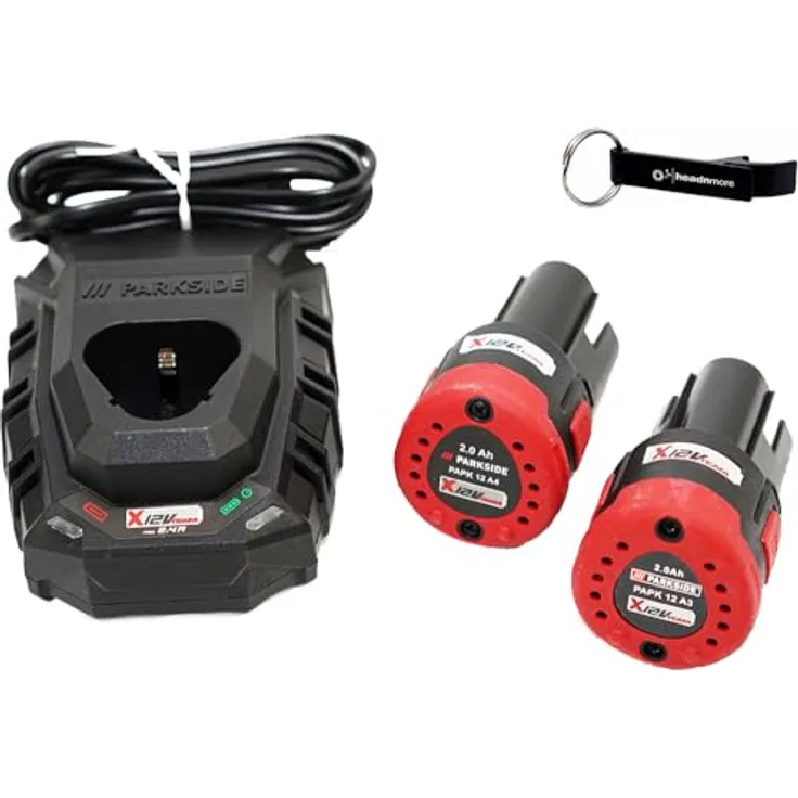HEADNMORE® Bundle - Parkside® 12V Akkuset mit 2x 2Ah Lithium-Ionen Akku, Ladegerät PLGK 12 A3 und HEADNMORE® Schlüsselanhänger, flaschenöffnend