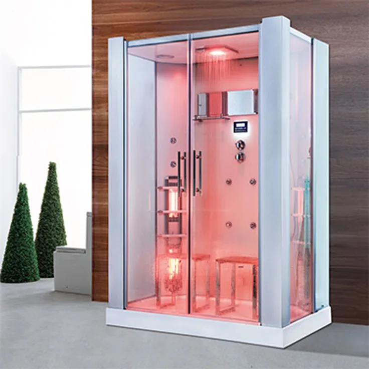PureHaven 2in1 Dampfdusche und Infrarotsauna 145x90 cm mit Aluminiumrahmen und komplettem Zubehör Weiß Tropenbrause Sitzfläche Radio Massagefunktion