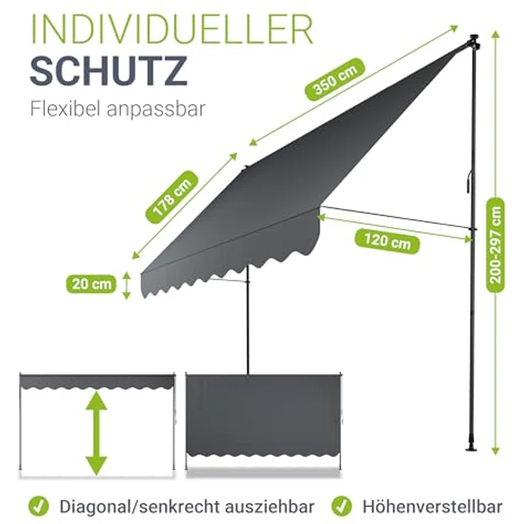 Juskys Klemmmarkise Kapstadt 350x120 cm - Höhenverstellbar & UV-beständig - Wetterfest & Sichtschutz - Terrassenüberdachung Grau – Bild 5