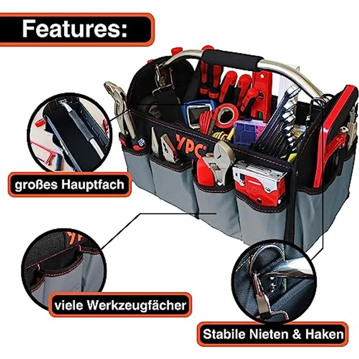 YPC Carrier Werkzeugkorb XL – Tragbare Werkzeugtasche, wasserfest & reißfest mit stabilem Boden, Schultergurt mit Polster & Metall-Handgriff, Grau-Schwarz, 40,5x30x19,5cm, 20 kg Tragkraft – Bild 5