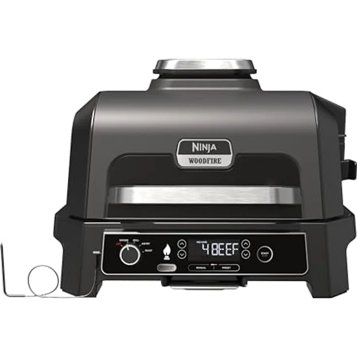 Ninja Woodfire Pro XL Elektrogrill, großer 4-in-1-Außengrill mit Smoker-&Heißluftfritteuse mit Smart Cook-System und integriertem Thermometer,Holzfeuer-Pellets,wetterfest, tragbar,Grau/Schwarz OG850EU – Bild 1