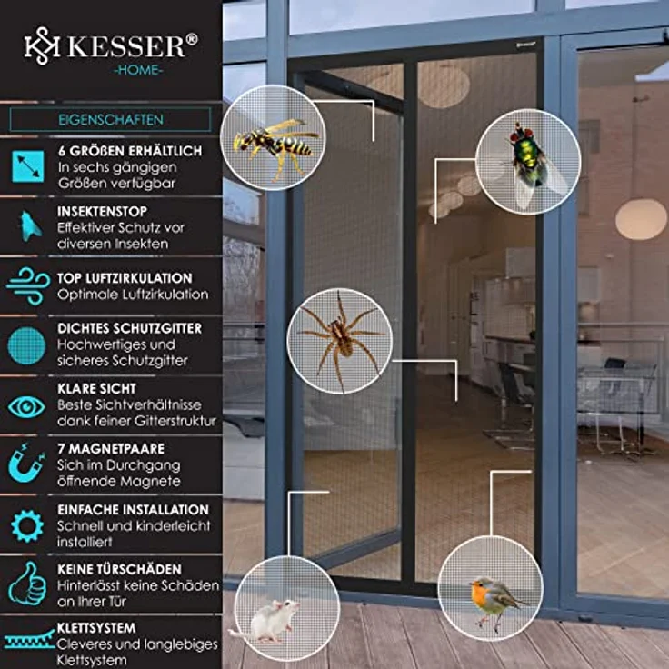 KESSER Magnet Fliegengitter Tür Insektenschutz Magnetvorhang Türvorhang Schutzgitter mit kinderleichter Inkl. Klebemontage für Balkontür Terrassentür Kellertür Montage Ohne Bohren Schwarz, 90 x 200 cm – Bild 2