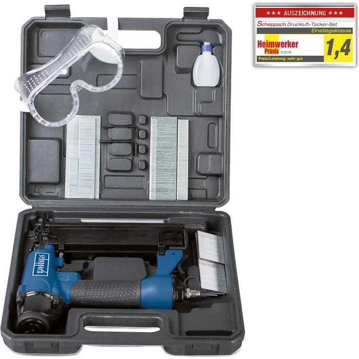 Scheppach Druckluftpistole 2in1 Klammer und Nagelpistole (Nägel bis 50mm, Klammern bis 40mm, Luftbedarf je Schuss 1,5L , Arbeitsdruck 8,3 bar, 360° Abluftführung) inkl. Zubehörset – Bild 1
