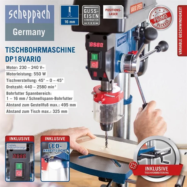 Scheppach Profi Säulenbohrmaschine DP18Vario (550 W, Gusseisen-Konstruktion, stufenlose Drehzahlregulierung, Bohrfutter 16mm, Laser, LED, inkl. Tischverbreiterung) – Bild 10
