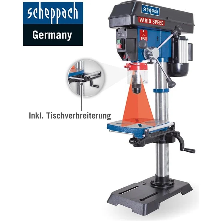 Scheppach Profi Säulenbohrmaschine DP18Vario (550 W, Gusseisen-Konstruktion, stufenlose Drehzahlregulierung, Bohrfutter 16mm, Laser, LED, inkl. Tischverbreiterung) – Bild 3