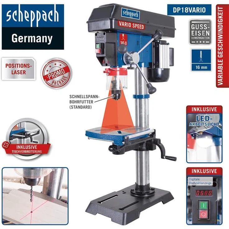 Scheppach Profi Säulenbohrmaschine DP18Vario (550 W, Gusseisen-Konstruktion, stufenlose Drehzahlregulierung, Bohrfutter 16mm, Laser, LED, inkl. Tischverbreiterung) – Bild 2