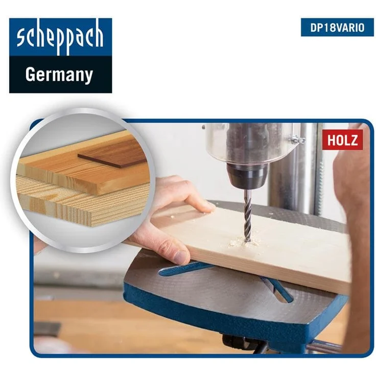 Scheppach Profi Säulenbohrmaschine DP18Vario (550 W, Gusseisen-Konstruktion, stufenlose Drehzahlregulierung, Bohrfutter 16mm, Laser, LED, inkl. Tischverbreiterung) – Bild 6