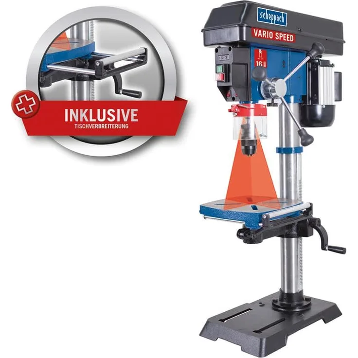 Scheppach Profi Säulenbohrmaschine DP18Vario (550 W, Gusseisen-Konstruktion, stufenlose Drehzahlregulierung, Bohrfutter 16mm, Laser, LED, inkl. Tischverbreiterung)