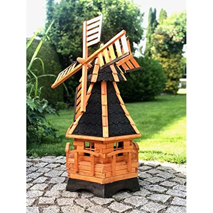Darlux Sechseck Garten-Windmühle aus Holz kugelgelagert Braun-Schwarz Höhe 95 cm