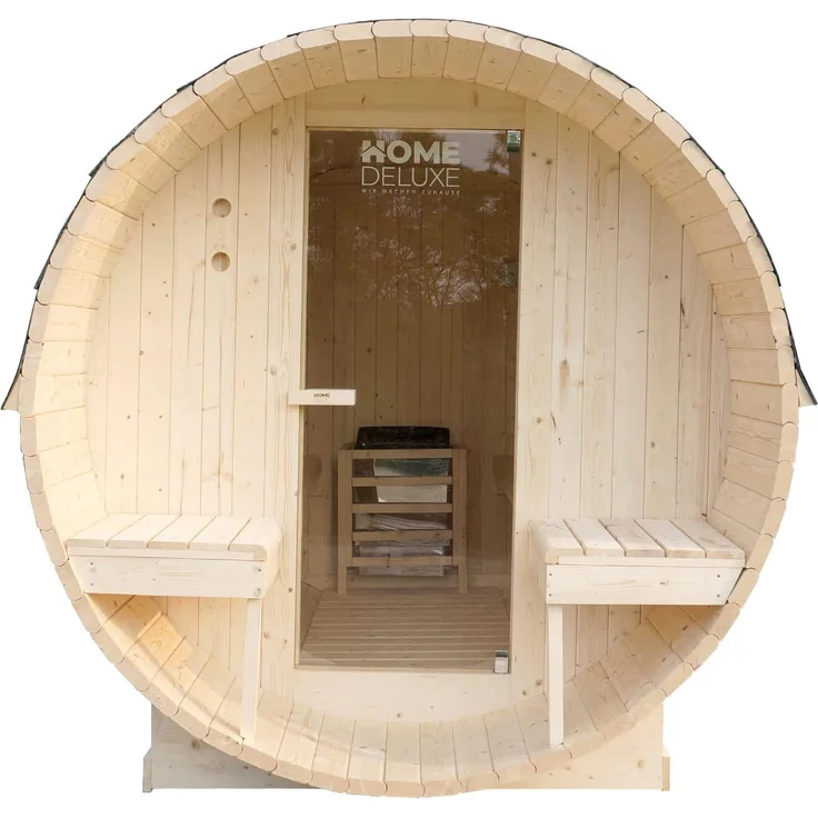 HOME DELUXE - Outdoor Fasssauna LAHTI DELUXE L - Maße: ca. 192 cm x 195 cm x 220 cm, Holz: Fichtenholz - inkl. Elektroofen und kompl. Saunazubehör I Gartensauna, Außensauna, Sauna für 4 Personen – Bild 1