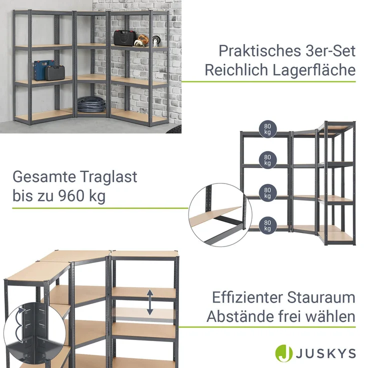 Juskys Lagerregal Easy 2er Set - Schwerlastregal 160x80x40 cm, 8 Böden, 640 kg, Metall verzinkt, Steckregal Kellerregal Metallregal Grau – Bild 8