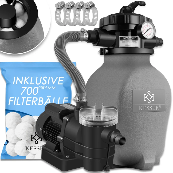 KESSER Sandfilteranlage Sandfilter + 700g Filterbälle ersetzen 25kg Filtersand 7-Wege Ventil mit Druckanzeige Poolfilter 10 m³-h Filteranlage Filterkessel für Pool Schwimmbecken 10.200 L-h Grau – Bild 1