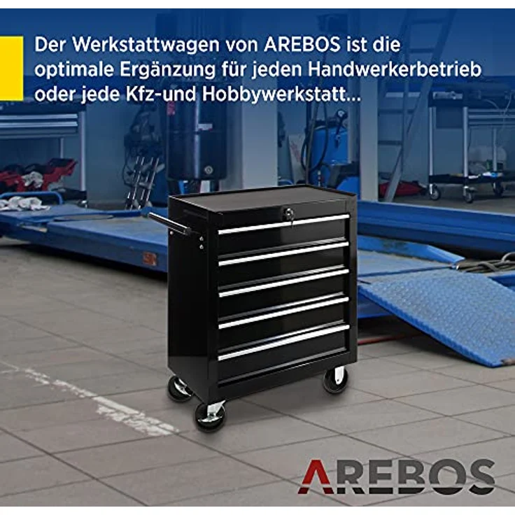 Werkstattwagen Werkzeugwagen Rollwagen Toolbox 5 Schubladen kugelgelagert - Schwarz - Arebos – Bild 2