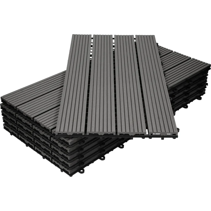 ECD Germany WPC Terrassenfliesen 60x30 cm 12er Spar Set für 2m² Anthrazit in Holzoptik für Garten Balkon Bodenbelag mit Drainage und Klicksystem Terrassendielen Balkonfliesen Klickfliesen Holzfliesen – Bild 1
