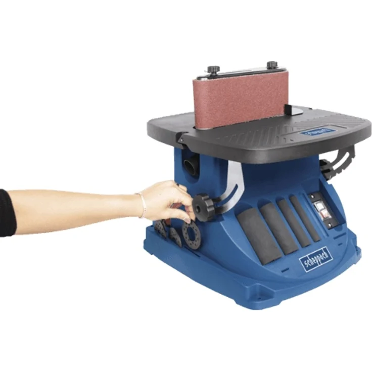Scheppach oszillierender Spindelschleifer OSM600 (Spindelschleifmaschine mit 450 Watt, neigbar bis 45°, Alu-Tisch, Oszillationshub 16 mm) inkl. 5 Schleifhülsen & 4 gummierten Schleifwalzen – Bild 3