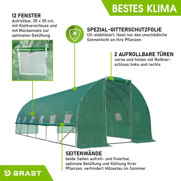 BRAST Gewächshaus Foliengewächshaus 300x600cm inkl. 4 Erdanker mit Stahlfundament aufrollbare Seitenwände schwere Qualität Folie 175g/m² – Bild 10