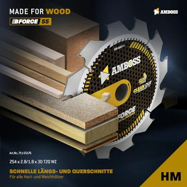 AMBOSS WERKZEUGE® HM Kreissägeblatt 254x30 Z20 Wechselzahn für Holz - Zuschnitt, passend für Bosch GTS 10. PTS 10. 100 T.GTS 254 Black & Decker BES720-QS Bosch GCM 18V-254. 350-254 - Clean Cut Technologie, professionelle Holzbearbeitung - Ø 254mm – Bild 2