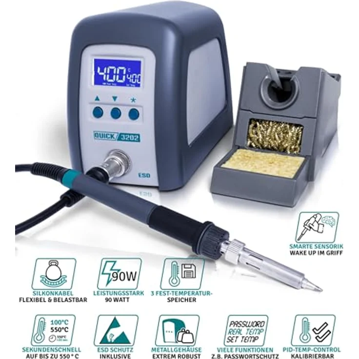 Quick 3202 Digital Regelbare ESD Hochfrequenz-Lötstation 90 Watt inkl. Lötkolben mit 1 mm Lötspitze und Zubehör- 100°-550°C-Kalibrierbar- 3 Festspeicher-Auto-Standby-Passwort - Schutz – Bild 10