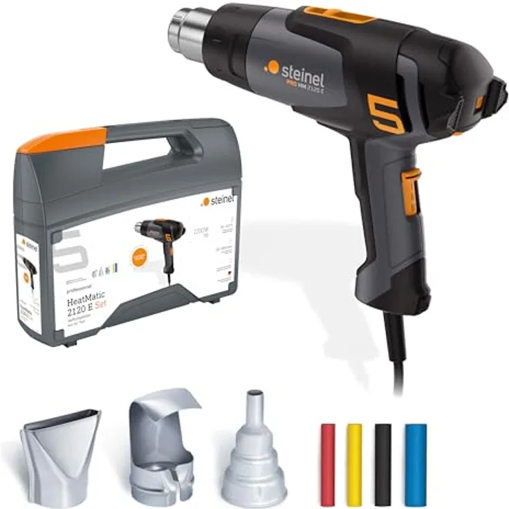 Steinel Heißluftpistole HM 2120 E Set, 2200 W Heißluftgebläse mit präziser Temperatursteuerung, inkl. Düsen und Schrumpfschläuche