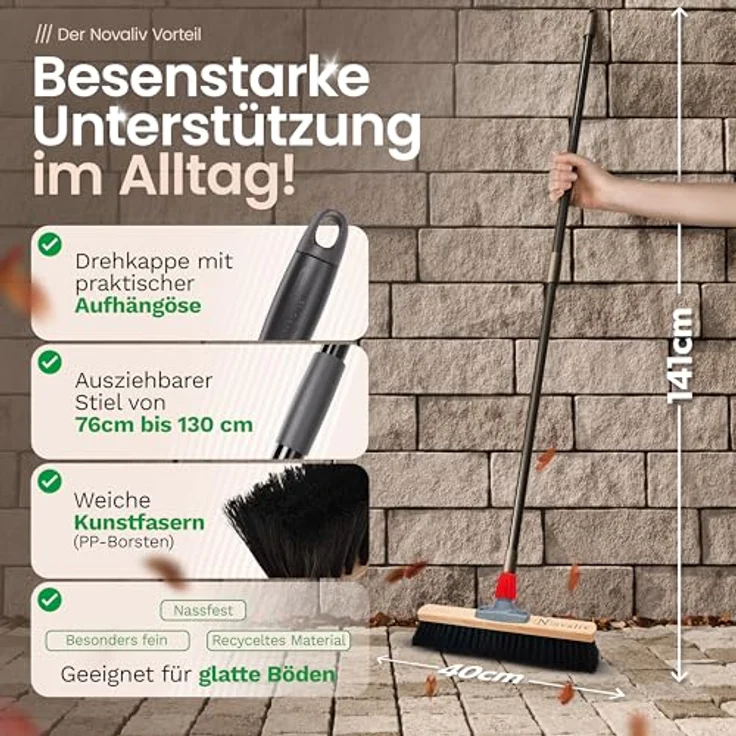 Saalbesen Naturhaar 40 cm I Besen mit Stiel ausziehbar I Rosshaar schwarz I Weich I fein I Großraumbesen Kehrbesen Zimmerbesen Hofbesen Novaliv – Bild 3