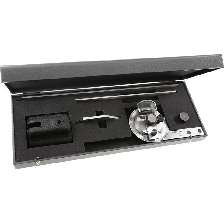 Facom 813B.S Präzisions-Winkelmesser, 0-360° Messbereich, gehärteter Edelstahl, reflexfreie Ablesefläche, skaliert mit Nonius, im stabilen Kasten