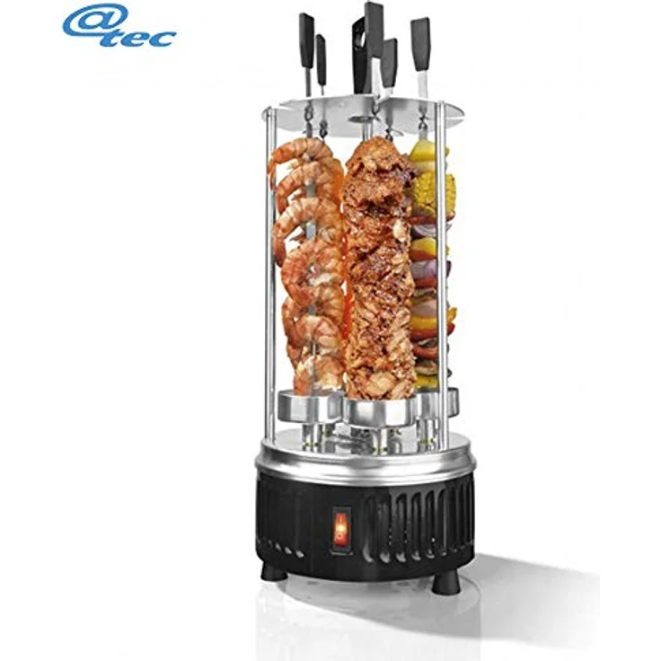 @tec Vertikaler Edelstahl Elektro-Tischgrill inkl. 5 Spieße, BBQ Vertikalgrill Rundgrill für Schaschlik-, Fleisch-, Garnelen-, Gyrosspieße Dreh-Grill Heizmodul mit Schutzgitter, 900W – Bild 3
