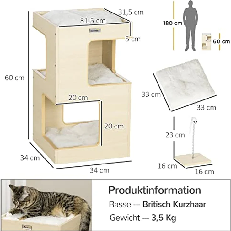 PawHut Tierhaus Katzentonne, KatzenhГ¶hle, 2 Ebenen, inkl. Spielzeug, Eiche, 34L x 34B x 60H cm, Weiche Polsterung, Mausspielzeug, Geeignet für Katzen unter 5 kg – Bild 5