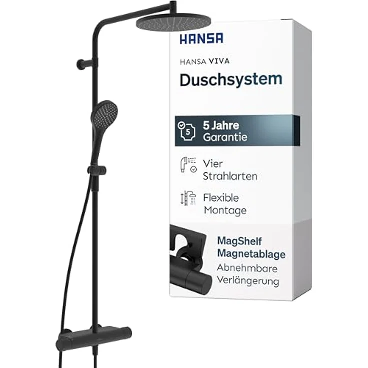 HANSA VIVA Duschsystem Komplettset, Thermostat mit Regendusche und Handbrause, dreistrahlig, inkl. MagShelf Magnetablage, schwarz – Bild 1