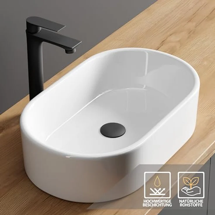 Planetmöbel Aufsatzwaschbecken Aquil Elegant, ovales Badezimmer Waschbecken 55 cm, matt, weiß für Waschtisch – Bild 2