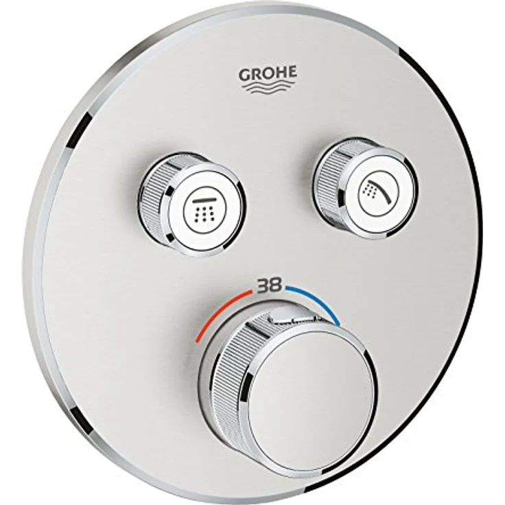 GROHE Grohtherm SmartControl Thermostat rund Supersteel, Fertigmontageset mit 2 Absperrventilen, Long-Life Oberfläche, GROHE TurboStat und SafeStop Sicherheitsfunktionen – Bild 1