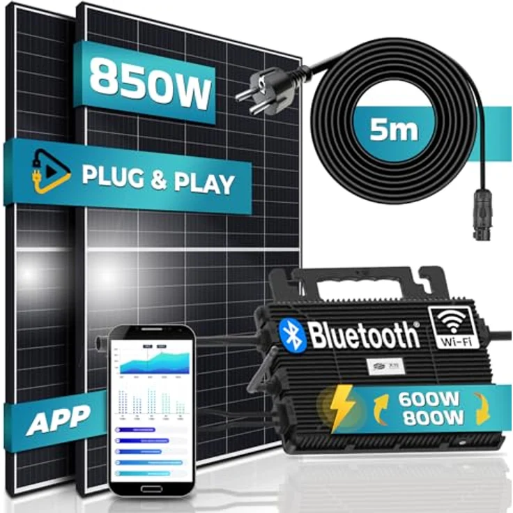 SUNNIVA® Balkonkraftwerk 850/800W Solaranlage mit 800W Astro-Energy Micro Wechselrichter Wifi Bluetooth, 2x 425W Solarmodule, upgradebar drosselbar, 5m Kabel, Solarkabel, Photovoltaikanlage – Bild 1
