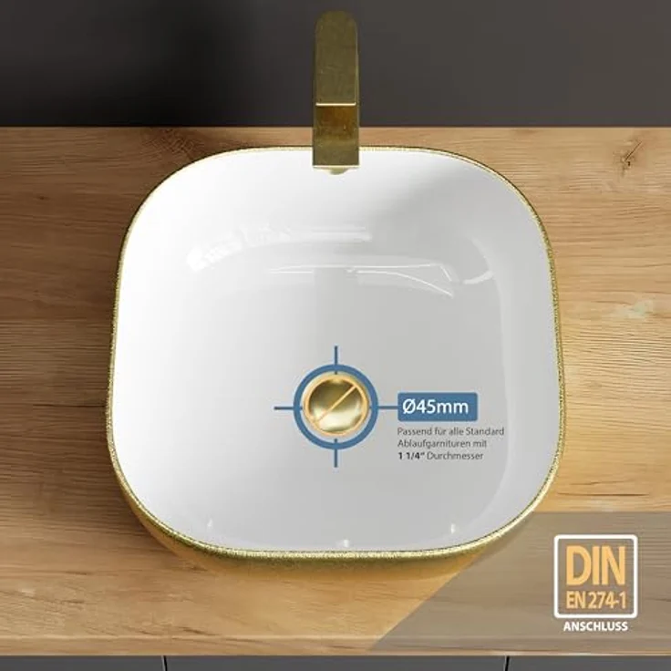 Planetmöbel Aufsatzwaschbecken Aquil, Keramik Waschbecken 42 cm quadratisch, glänzend in Gold, ohne Hahnloch und Überlauf, für Waschtische und Waschplätze – Bild 3