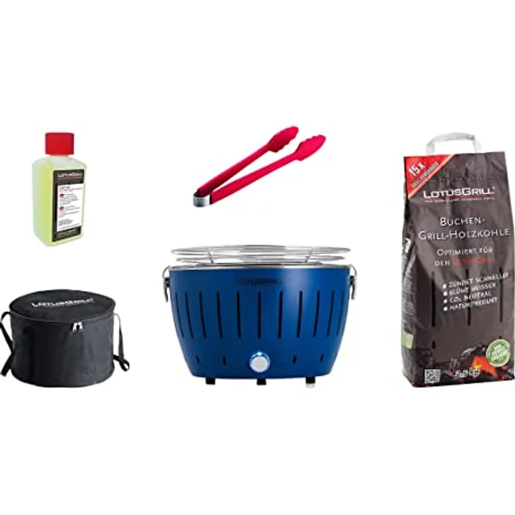 LotusGrill S Small Kompakt Starter-Set Tiefblau der raucharme Holzkohlegrill mit 2,5 kg Buchenholzkohle, 200 ml Brennpaste,1x Zange (Farbe nach Vorrat), 1x Tasche. Stromversorgung USB oder Powerbank