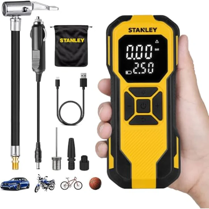 Stanley SXIF0101, 12V wiederaufladbare Li-ion Reifenfüllpumpe mit 150 PSI, digitaler Anzeige, Powerbank, SOS-Funktion und LED-Lampe – Bild 2