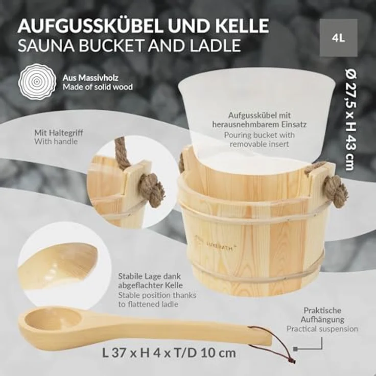 LuxeBath Saunazubehör-Set, 2-tlg. Aufgusskübel aus Kiefernholz mit PVC-Einsatz, 4L Saunaeimer mit Seilgriff & Schöpfkelle, langlebiges Wassereimer Zubehör – Bild 3
