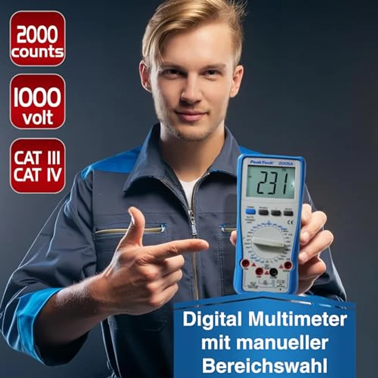 PeakTech Multimeter PeakTech 2005 A: Digital Multimeter mit 2.000 Counts und 1000V AC/DC, doppelt isoliertes Gehäuse, beleuchtetes Display - Schwarz – Bild 4