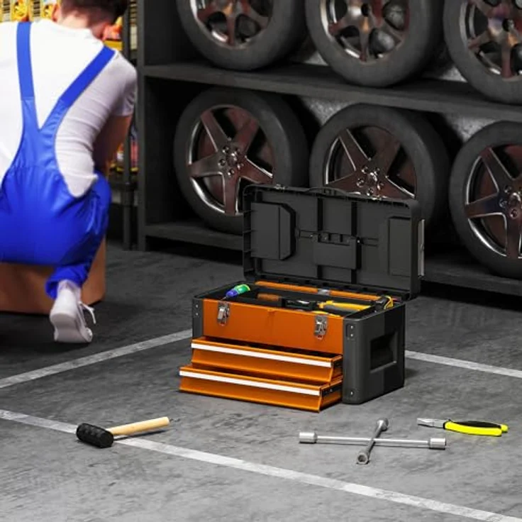HOMCOM Werkzeugbox mit 2 Schubladen und Mini-Box, Stahl, orange, 49,7 x 25,3 x 28,9 cm, mit handlichem Tragegriff – Bild 7