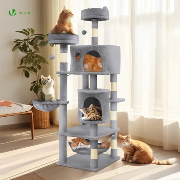 VOUNOT XXL Katzenbaum 168cm, Mehrstöckiger Katzenmöbel mit Korb, Hängematte und Plüschbällen, Dicke Stämme, Stabiler Kratzbaum für Katzen, Beige – Bild 2