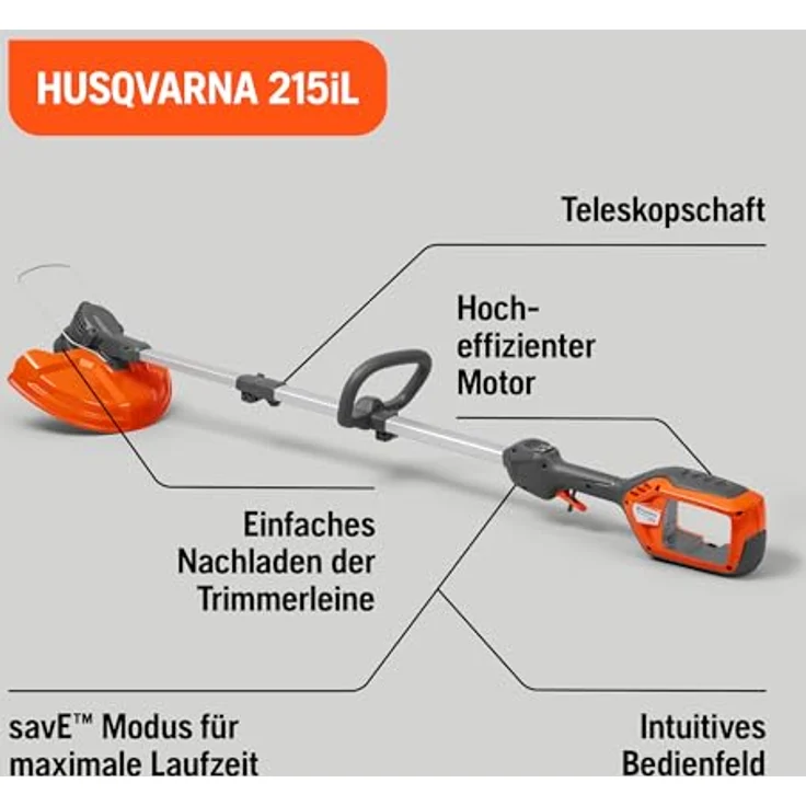 Husqvarna 215iL Akku-Rasentrimmer + 215iHD45 Heckenscheren-Set, leise Bedienung, ergonomisches Design, bürstenloser Motor, inklusive Akku BLi10 und Ladegerät C80 – Bild 3
