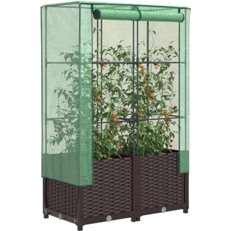 vidaXL Hochbeet Hochbeet mit Gewächshaus-Aufsatz Rattan-Optik 80x40x138 cm, Braun, Stabile Konstruktion, Rattan-Look, Vielseitig einsetzbar – Bild 2