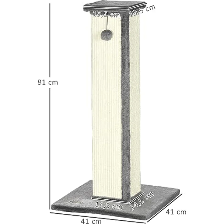 PawHut Kratzstamm, 81cm Kratzsäule, Sisal-Katzenkratzbaum mit Spielball, Kratzbaum für Katzen, Kratzmöbel für Katzen bis 5 kg, Indoor, Grau, Creme – Bild 5