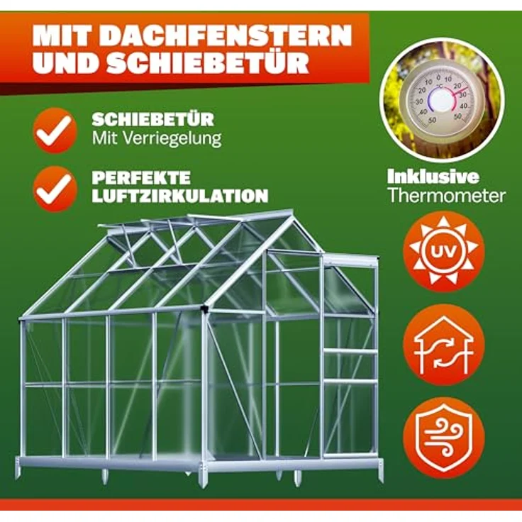Gardebruk Gewächshaus Aluminium 4,8m² mit Fundament 250x190cm, inkl. 2 Dachfenster und stabiler Regenrinne – Bild 5