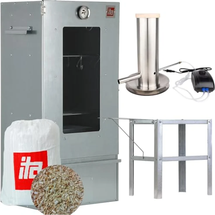 ITA Räucherofen 7002, Smoker Set mit Rauchgenerator, Edelstahl, 81 cm, 3 Etagen, Tisch mit Fenster & Thermometer, EU Qualität – Bild 1