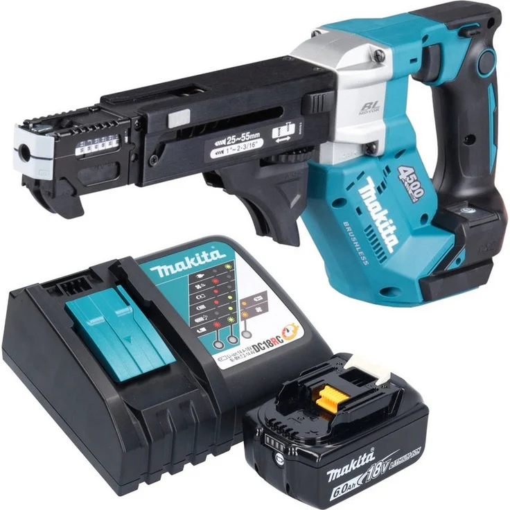 Makita DFR 552 RG1, Akku-Magazinschrauber 18 V für Schraublängen 25 - 55 mm, Brushless, inkl. 1x Akku 6,0 Ah + Ladegerät